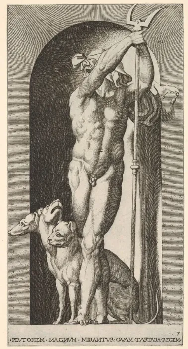Framed Print : Plate 7: Pluto in a niche, holding a bident, with Cerberus next to him Framed Print : Plate 7: Pluto in a niche, holding a bident, with Cerberus next to him