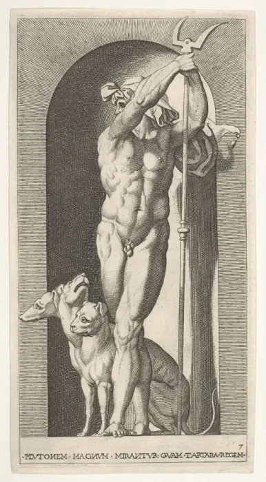 Framed Print : Plate 7: Pluto in a niche, holding a bident, with Cerberus next to him Framed Print : Plate 7: Pluto in a niche, holding a bident, with Cerberus next to him