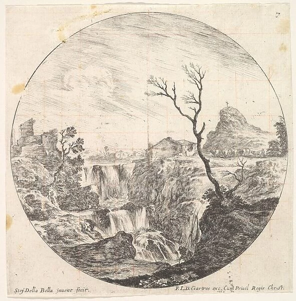 Plate 7: a triple waterfall, a dead tree to right, a mountain and a herd of cows to
