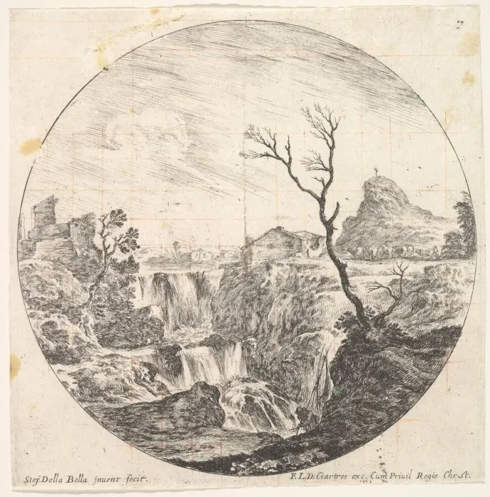 Framed Print : Plate 7: a triple waterfall, a dead tree to right, a mountain and a herd of cows to Framed Print : Plate 7: a triple waterfall, a dead tree to right, a mountain and a herd of cows to