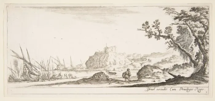 Framed Print : Plate 7: various boats on shore to left, a man carrying a bag, seen from behind and wa Framed Print : Plate 7: various boats on shore to left, a man carrying a bag, seen from behind and wa