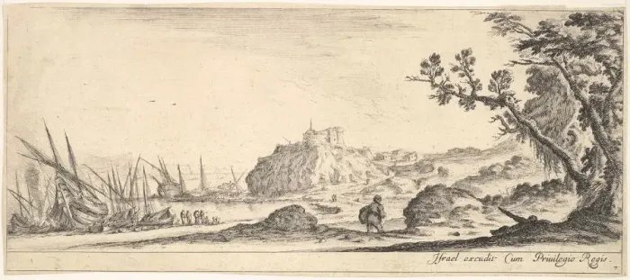 Framed Print : Plate 7: various boats on shore to left, a man carrying a bag, seen from behind and wa Framed Print : Plate 7: various boats on shore to left, a man carrying a bag, seen from behind and wa