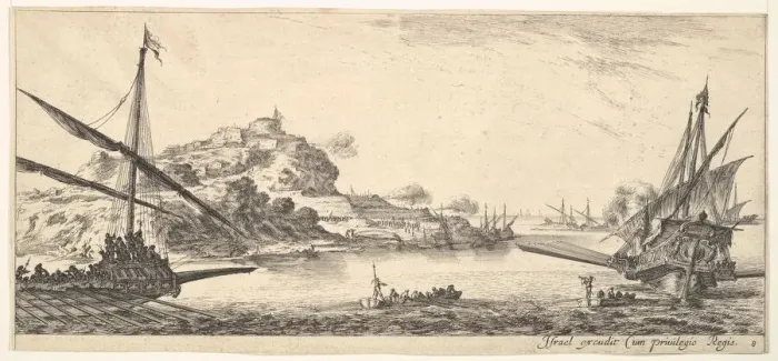 Framed Print : Plate 8: A the bow of a galley at left and another galley at right, seen from behind Framed Print : Plate 8: A the bow of a galley at left and another galley at right, seen from behind
