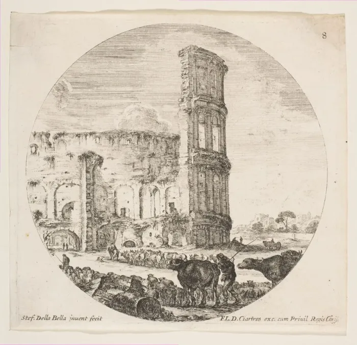 Framed Print : Plate 8: the Colosseum, two herds being directed towards the amphitheater in the foreg Framed Print : Plate 8: the Colosseum, two herds being directed towards the amphitheater in the foreg