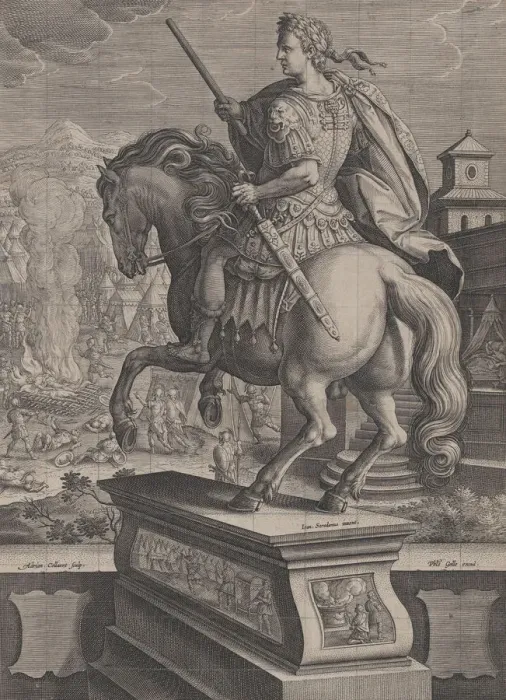 Framed Print : Plate 8: equestrian statue of Otho, seen from behind, his death scene in the backgr Framed Print : Plate 8: equestrian statue of Otho, seen from behind, his death scene in the backgr