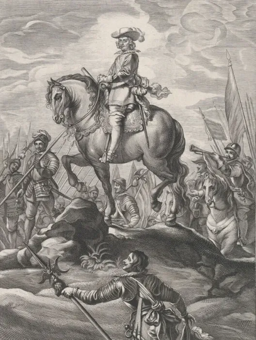 Framed Print : Plate 8: Ferdinand on horseback crossing the Alps; from Guillielmus Becanus s Framed Print : Plate 8: Ferdinand on horseback crossing the Alps; from Guillielmus Becanus s