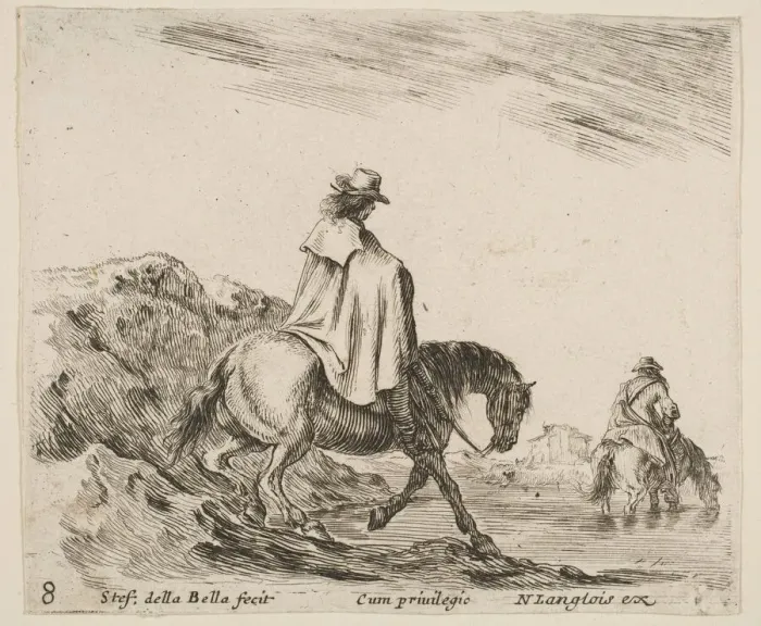 Framed Print : Plate 8: a horseman descends a riverbank, another horseman in river to right Framed Print : Plate 8: a horseman descends a riverbank, another horseman in river to right