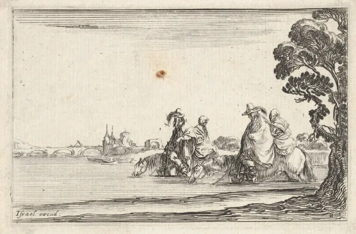 Framed Print : Plate 8: two horsemen in hats at right, each with a woman seated behind them, riding t Framed Print : Plate 8: two horsemen in hats at right, each with a woman seated behind them, riding t