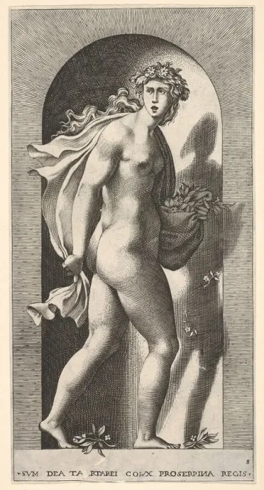 Framed Print : Plate 8: Prosperpina, standing in a niche, turning to the right while holding mantle in Framed Print : Plate 8: Prosperpina, standing in a niche, turning to the right while holding mantle in