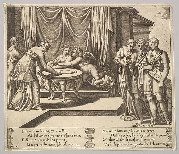 Plate 8: Psyche seated at a table and attended by invisible servants, Eros beside the g