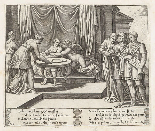 Plate 8: Psyche seated at a table attended by invisible servants, as Cupid rests his he... 1530-60. Creator: Master of the Die