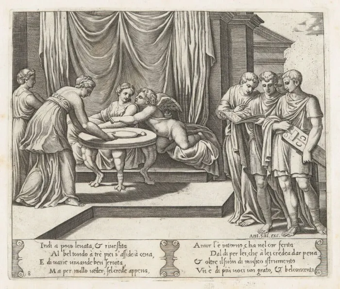 Framed Print : Plate 8: Psyche seated at a table attended by invisible servants, as Cupid rests his he... 1530-60. Creator: Master of the Die Framed Print : Plate 8: Psyche seated at a table attended by invisible servants, as Cupid rests his he... 1530-60. Creator: Master of the Die