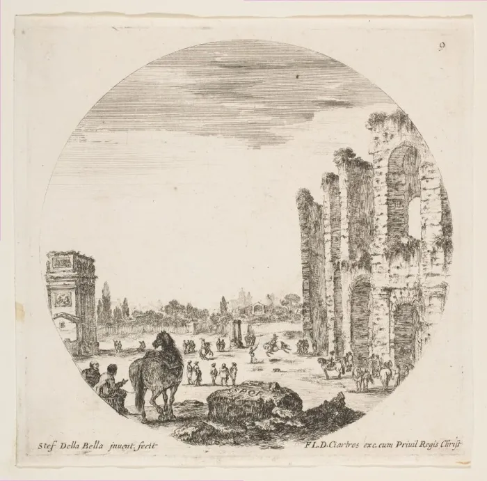 Framed Print : Plate 9: the Arch of Constantine at left, part of the Colosseum at right, various hors Framed Print : Plate 9: the Arch of Constantine at left, part of the Colosseum at right, various hors