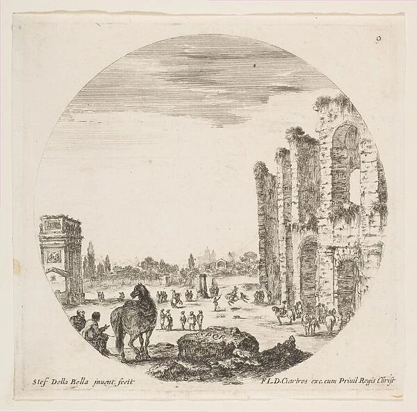 Plate 9: the Arch of Constantine at left, part of the Colosseum at right, various hors