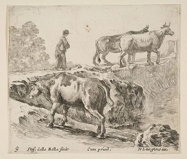 Plate 9: a cow ascending a bank, a peasant woman leading two cows across a bridge i