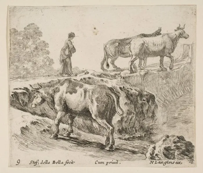 Framed Print : Plate 9: a cow ascending a bank, a peasant woman leading two cows across a bridge i Framed Print : Plate 9: a cow ascending a bank, a peasant woman leading two cows across a bridge i