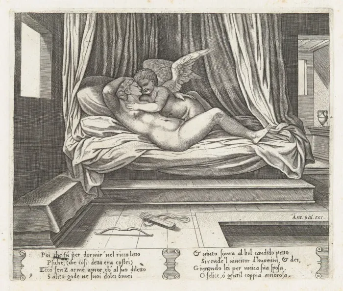 Framed Print : Plate 9: Cupid and Psyche on a bed, from the Story of Cupid and Psyche as told by Apule... 1530-60. Creator: Master of the Die Framed Print : Plate 9: Cupid and Psyche on a bed, from the Story of Cupid and Psyche as told by Apule... 1530-60. Creator: Master of the Die