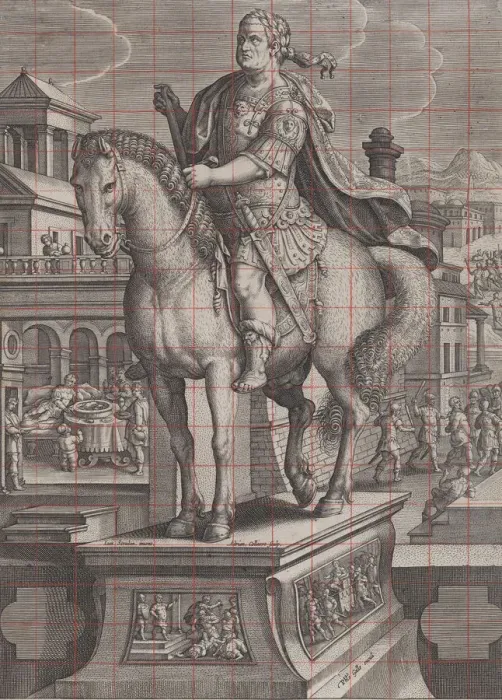 Framed Print : Plate 9: equestrian statue of Vitellius, seen three-quarters to the left, with his Framed Print : Plate 9: equestrian statue of Vitellius, seen three-quarters to the left, with his