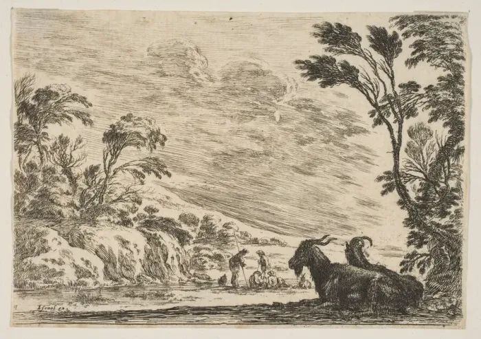 Framed Print : Plate 9: Two goats resting to right, turned towards the left Framed Print : Plate 9: Two goats resting to right, turned towards the left