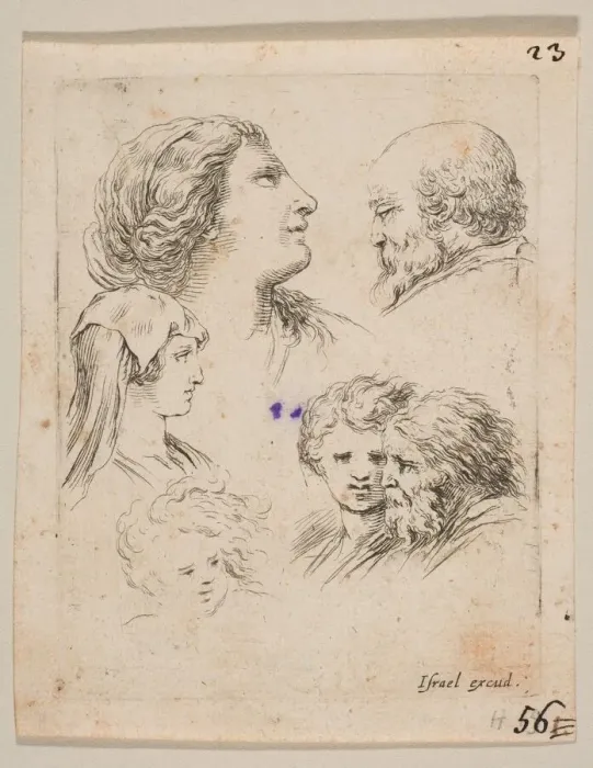 Framed Print : Plate 9: five heads, two young women at left, a bearded man at upper right, a young wo Framed Print : Plate 9: five heads, two young women at left, a bearded man at upper right, a young wo