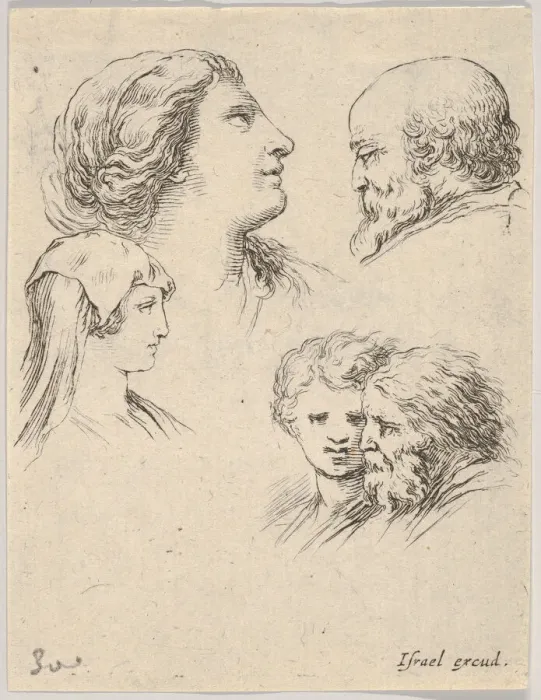 Framed Print : Plate 9: five heads, two young women at left, a bearded man at upper right, a young wo Framed Print : Plate 9: five heads, two young women at left, a bearded man at upper right, a young wo
