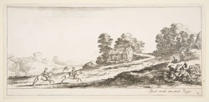 Framed Print : Plate 9: two horsemen at left galloping uphill towards the right, a horse and seated m Framed Print : Plate 9: two horsemen at left galloping uphill towards the right, a horse and seated m