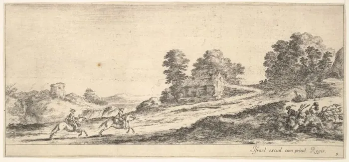 Framed Print : Plate 9: two horsemen at left galloping uphill towards the right, a horse and seated m Framed Print : Plate 9: two horsemen at left galloping uphill towards the right, a horse and seated m