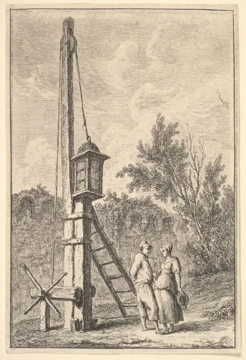 Framed Print : Plate 9: The Pulley: a man and a woman conversing to right, a lantern hung on a pos Framed Print : Plate 9: The Pulley: a man and a woman conversing to right, a lantern hung on a pos