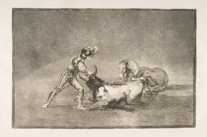 Framed Print : Plate 9 of the Tauromaquia : A Spanish knight kills the bull after having lost his horse Framed Print : Plate 9 of the Tauromaquia : A Spanish knight kills the bull after having lost his horse