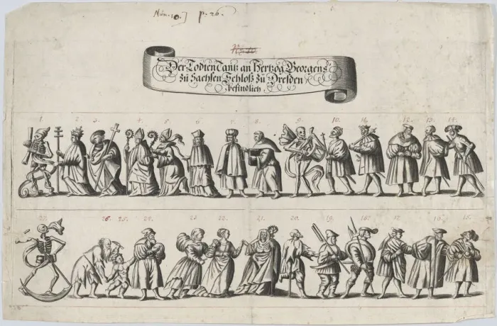 Framed Print : Plate from a book showing a procession of men and women with a skeleton at the beg... 17th century. Creator: Anon Framed Print : Plate from a book showing a procession of men and women with a skeleton at the beg... 17th century. Creator: Anon