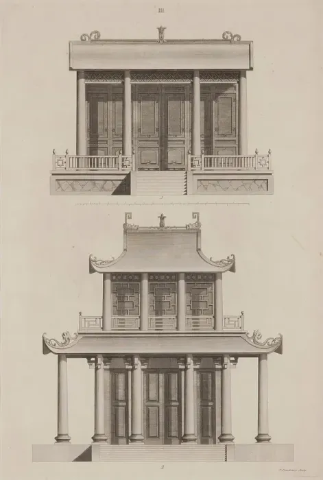 Framed Print : Plate III, Designs of Buildings, Furniture, Clothes, Machinery, and Implements of the Chinese, 1757. Creator: William Chambers Framed Print : Plate III, Designs of Buildings, Furniture, Clothes, Machinery, and Implements of the Chinese, 1757. Creator: William Chambers