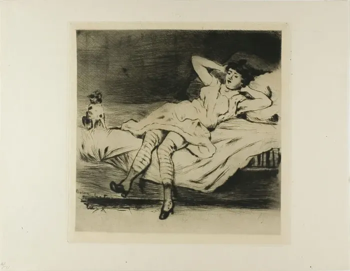 Framed Print : Plate from l'Assommoir (dancer reclining on bed, with cat), 1878. Creator: Gaston la Touche Framed Print : Plate from l'Assommoir (dancer reclining on bed, with cat), 1878. Creator: Gaston la Touche