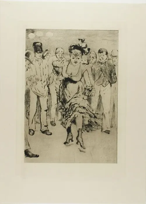 Framed Print : Plate from l'Assommoir (dancing woman with circle of onlookers), 1879. Creator: Gaston la Touche