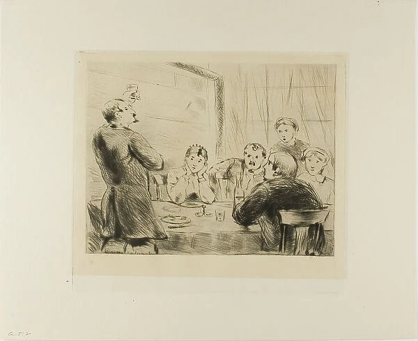 Plate from l'Assommoir (man proposing a toast at table with five other people), 1878. Creator: Gaston la Touche