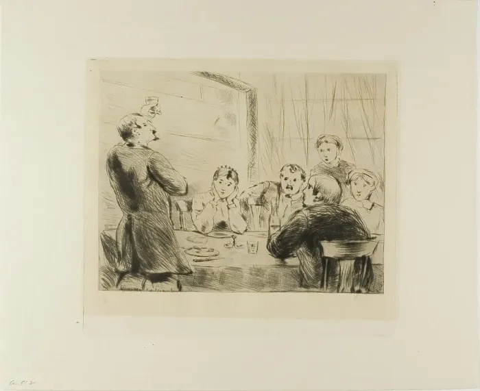Framed Print : Plate from l'Assommoir (man proposing a toast at table with five other people), 1878. Creator: Gaston la Touche Framed Print : Plate from l'Assommoir (man proposing a toast at table with five other people), 1878. Creator: Gaston la Touche