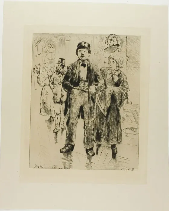 Framed Print : Plate from l'Assommoir (standing couple, with other figures in background), 1878. Creator: Gaston la Touche Framed Print : Plate from l'Assommoir (standing couple, with other figures in background), 1878. Creator: Gaston la Touche