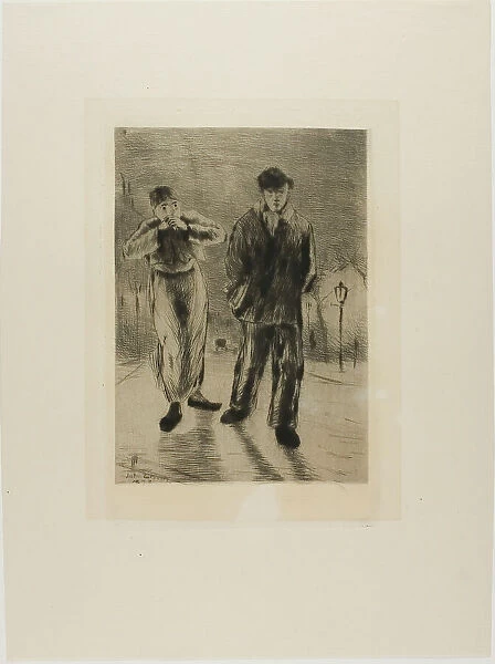 Plate from l'Assommoir (two boys on gaslit street), 1878. Creator: Gaston la Touche