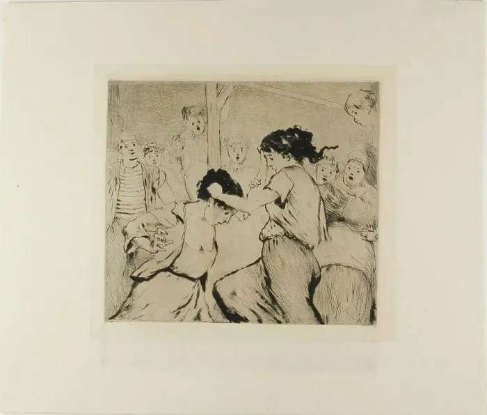 Framed Print : Plate from l'Assommoir (two women fighting, with onlookers), 1878. Creator: Gaston la Touche Framed Print : Plate from l'Assommoir (two women fighting, with onlookers), 1878. Creator: Gaston la Touche