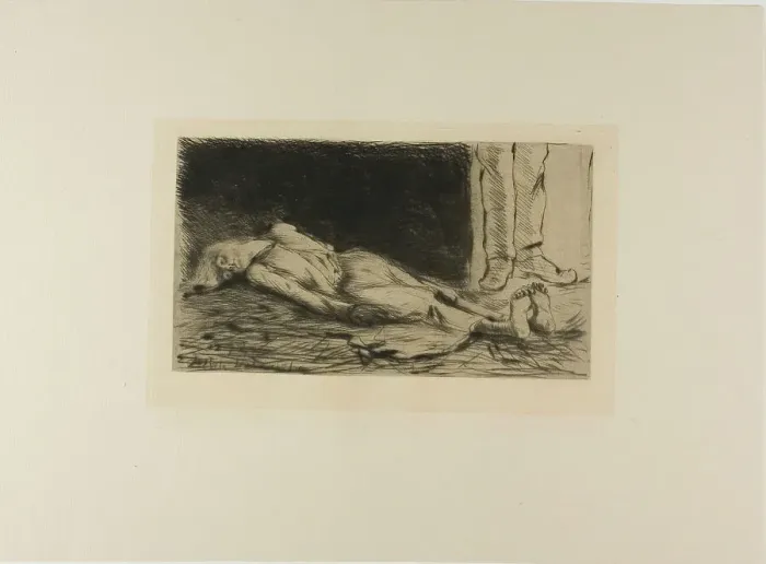 Framed Print : Plate from l'Assommoir (woman lying on floor), 1878. Creator: Gaston la Touche Framed Print : Plate from l'Assommoir (woman lying on floor), 1878. Creator: Gaston la Touche