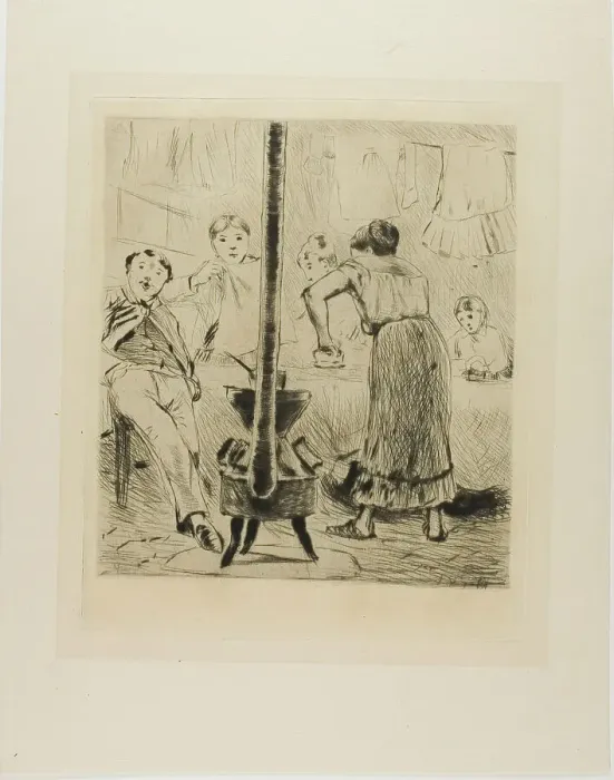 Framed Print : Plate from l'Assommoir (women ironing, man seated before a woodstove), 1879. Creator: Gaston la Touche Framed Print : Plate from l'Assommoir (women ironing, man seated before a woodstove), 1879. Creator: Gaston la Touche