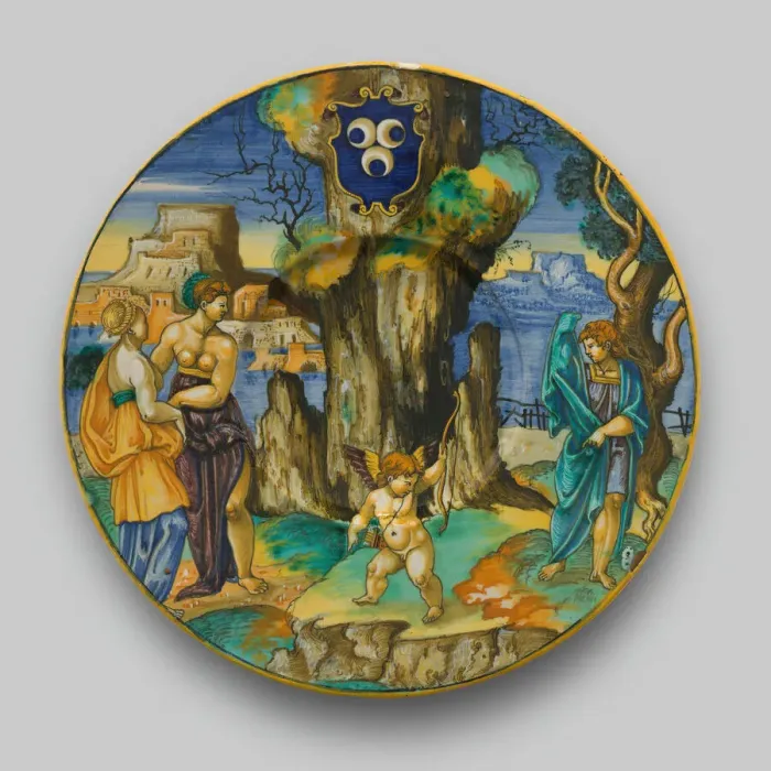 Framed Print : Plate with Narcissus, Echo, Cupid, Urbino, c. 1530. Creator: Francesco Xanto Avelli Framed Print : Plate with Narcissus, Echo, Cupid, Urbino, c. 1530. Creator: Francesco Xanto Avelli