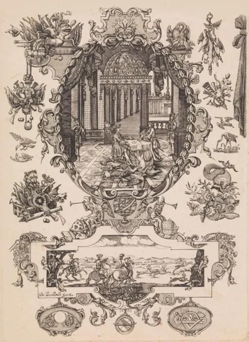 Framed Print : Plate twelve from Nouveavx Desseins D Arquebvseries, dated 1736. Creator: de La Collombe Framed Print : Plate twelve from Nouveavx Desseins D Arquebvseries, dated 1736. Creator: de La Collombe