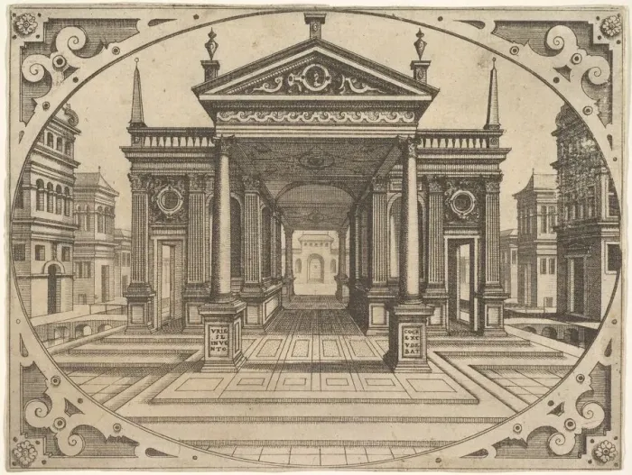 Framed Print : Plate from Scenographiae... ca. 1560. Creator: Johannes van Doetecum I Framed Print : Plate from Scenographiae... ca. 1560. Creator: Johannes van Doetecum I