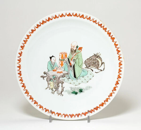 Plate with Shou Lao (the God of Longevity), Attendant, and Deer, Qing dynasty