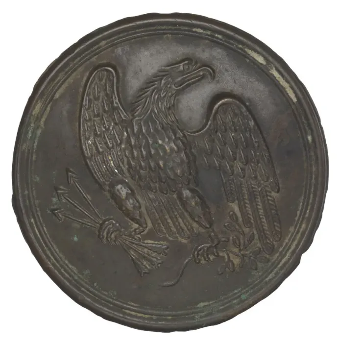 Framed Print : Plate with a stamped brass eagle design from a cartridge box belt, 1862-1865
