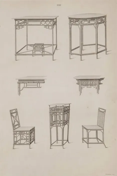 Framed Print : Plate XIII, Designs of Buildings, Furniture, Clothes, Machinery, and Implements of the Chinese, 1757 Creator: William Chambers Framed Print : Plate XIII, Designs of Buildings, Furniture, Clothes, Machinery, and Implements of the Chinese, 1757 Creator: William Chambers