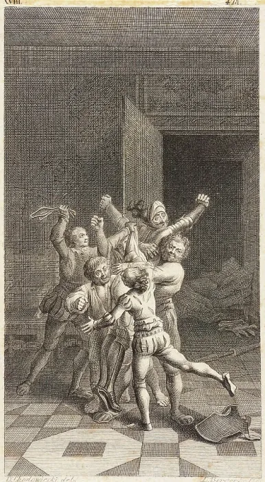 Framed Print : Plate XVIII from Life and Adventures of the Knight Don Quixote de la Mancha, 1780. Creator: Daniel Berger