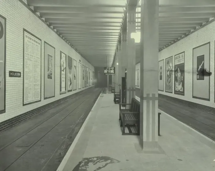 Framed Print : Platform with advertising posters, Holborn Underground Tram Station, London, 1931 Framed Print : Platform with advertising posters, Holborn Underground Tram Station, London, 1931