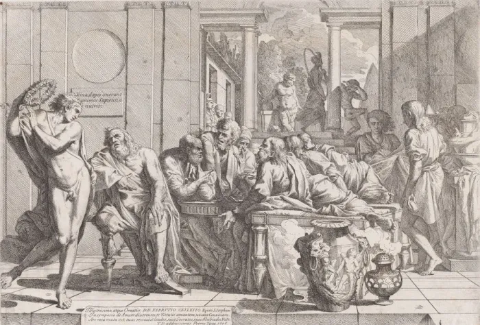 Framed Print : Platos symposium: Socrates and his companions seated around a table discussing ideal Framed Print : Platos symposium: Socrates and his companions seated around a table discussing ideal
