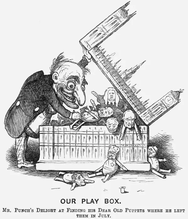 Framed Print : Our Play Box. Mr Punchs Delight at Finding His Dear Old Puppets where He Left Them in July, 1865 Framed Print : Our Play Box. Mr Punchs Delight at Finding His Dear Old Puppets where He Left Them in July, 1865